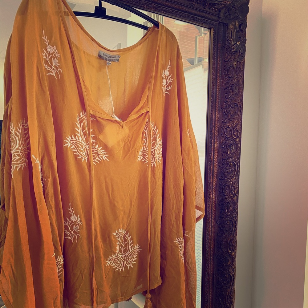 Mustard colored flowy, ‘hippie’ top